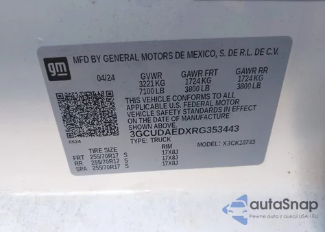 2024 Chevrolet Silverado 1500 4Wd Standard Bed Wt из США, поврежденный, VIN 3GCUDAEDXRG353443